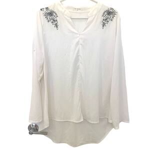 Bulolus Long Minimalist Top XL Ivory w Black Embroidery Crepe Hi Low Roll Tab